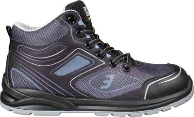 A side view of a dark blue safety shoe.