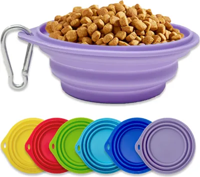 Produktbild von Silikon Napf Hunde Katze faltbar Hundenapf Reisenapf Trinknapf Wassernapf inkl. Karabinerhaken Lila Flieder