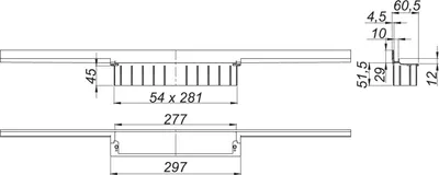 Technical drawings with dimensions of a shower drain.