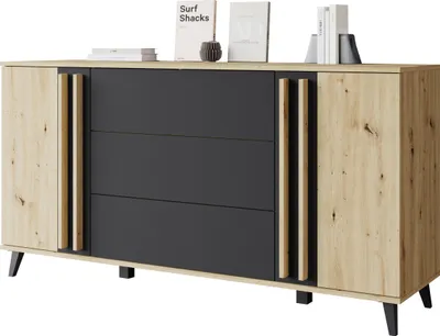 Produktbild von MIRJAN24 Türkommode Helsinki 150, Stilvoll Wohnzimmer, Kommode mit zwei Drehtüren und drei Schubladen (Farbe: Artisan Eiche / Schwarzer Graphit)