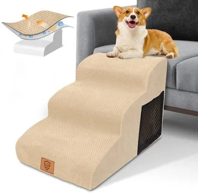 Obrázok produktu pre Schodík pre malé psy, výška 40 cm, 3 stupne, s odnímateľnou podložkou a protisklzovou základňou, 60 x 40 x 40 cm, béžový