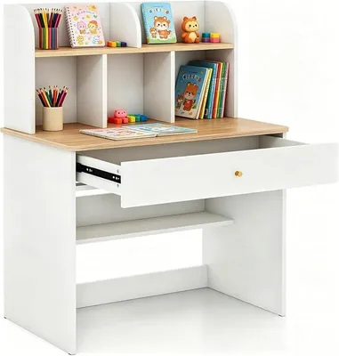 Productafbeelding van Bureau voor kinderen met opbergruimte, kinderbureau met boekenkast en grote lade, houten studiebureau voor jongens en meisjes vanaf 3 jaar, 80 x 48 x 102 cm (naturel)