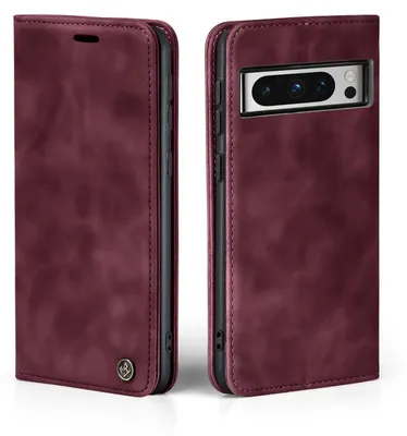 A burgundy flip case for a Google Pixel 8 Pro phone, shown from the front and back.