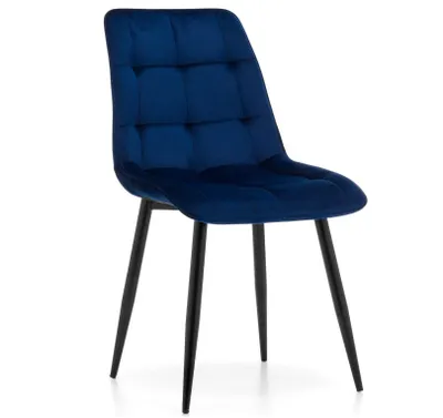 A single dark blue upholstered chair with black metal legs, shown against a white background.