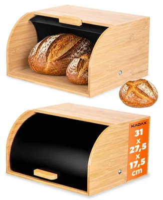 Produktbild von KADAX Brotkasten 31 x 28 x 18 cm aus Bambus und Edelstahl, Brotaufbewahrungsbox, Brotbehälter zur Aufbewahrung von Brot, Brotaufbewahrung (Schwarz/Holz)