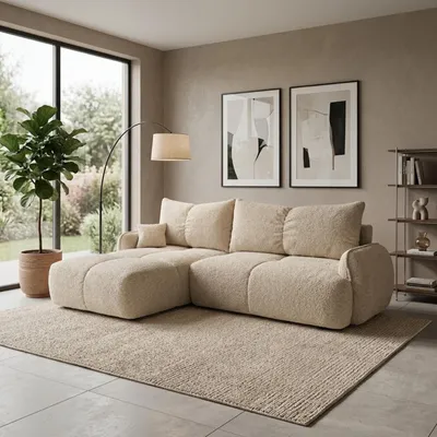 Produktbild von Ecksofa mit Schlaffunktion LOBINO DL-Automat, L-Form, weiche Polsterung, gesteppte Kissen, Bettkasten Bouclé-Schlafsofa Beige Links