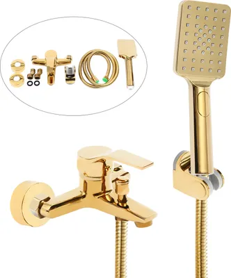 A gold-colored shower set including a faucet, shower head, hose, and mounting hardware, displayed against a white background.