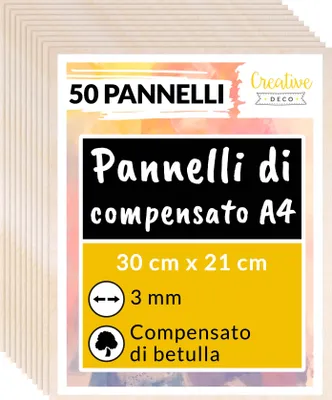 Immagine prodotto di Creative Deco 50 x A4 Compensato Pannelli Legno Betulla 3mm | Pannelli Compensato 300 x 210 x 3 mm (+/- 0.5mm) | Decorazione, Modellare, Pirografia