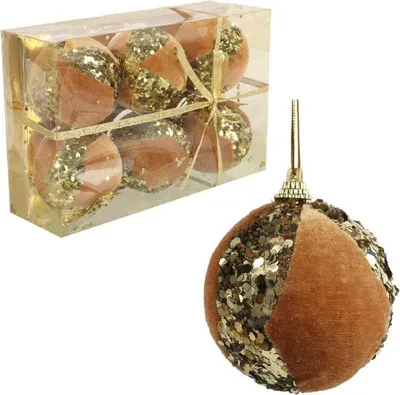 Produktbild von Set mit 6 goldenen Samtkugeln mit Pailletten, 7 cm - Kunststoffkugeln für den Weihnachtsbaum