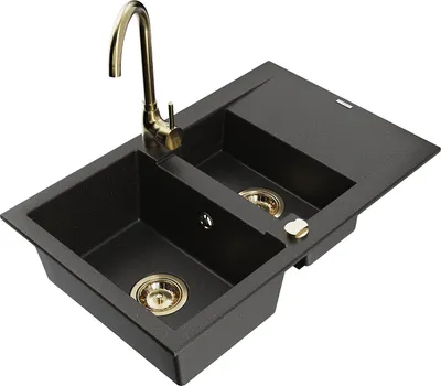 Image de Mexen Gaspar évier en granit 1,5 bac avec égouttoir et mitigeur Telma, Noir/Or - 6507-75-670200-50