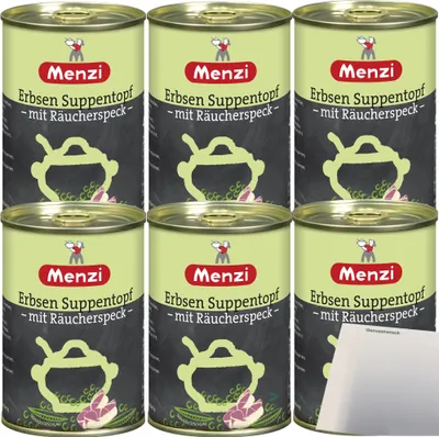Produktbild von Menzi Erbsen Suppentopf mit Räucherspeck 6er Pack (6x400ml Dose) + usy Block