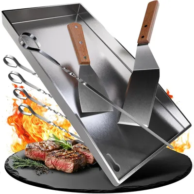 Image de Plaque de cuisson en acier inoxydable pour plancha, dimensions 20 x 40 cm, avec spatules et brochettes