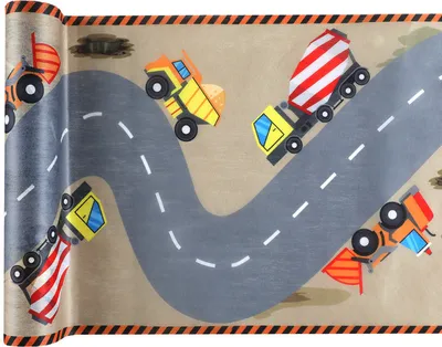 A roll of non-woven fleece table runner with a construction site theme, featuring roads and various construction vehicles.