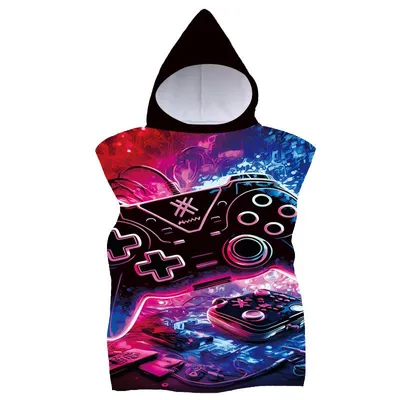 Produktbild von FEBE Badeponcho Kinder Gamer Muster Badetuch Mit Kapuze Bademantel für Kleinkind Strandponcho Strandtuc