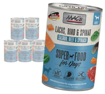 Produktbild von MAC's getreidefreies Nassfutter für Hunde mit Lachs, Rind und Spinat, 6 x 400 g