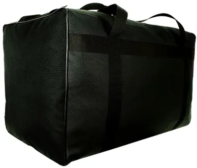 A black duffel bag is shown from a three-quarter angle against a white background.