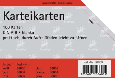 Produktbild von Karteikarten A6 blanko 180g/qm weiß VE=20x100 Stück