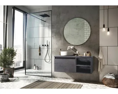 Produktbild von Sanox Waschtischunterschrank Frozen BxHxT 100 x 43 x 45 cm Frontfarbe beton anthrazit mit Waschtischplatte und Regal