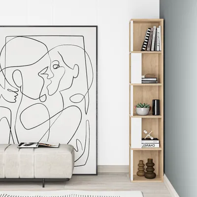 Zdjęcie produktu dla DECORTIE Piano Nowoczesny regał narożny witryna dąb - biały 31 x 31 x 159 cm