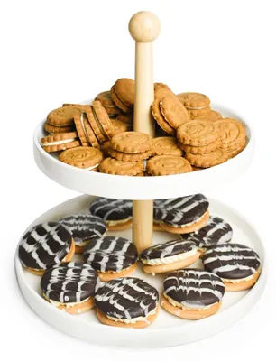 Productafbeelding van Twee-laags Etagere van Porselein met Houten Basis - Wit