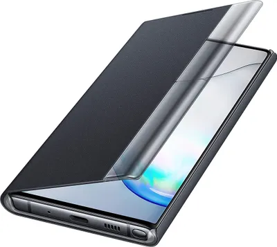 A black book-style phone case is shown partially open, revealing a smartphone screen with a colorful display.