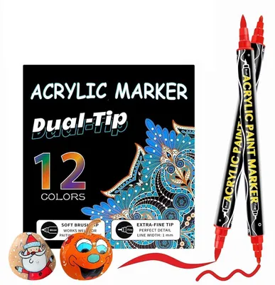 Obrázok produktu pre Sada akrylových fixiek, 12 farieb, s dvojitou špičkou (široká a tenká), vhodné na papier, drevo, sklo a textílie, vodeodolné