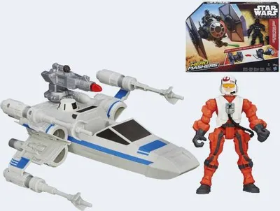 A Star Wars Hero Mashers Battle Vehicle set with an X-wing fighter, a pilot figure, and a box in the background.