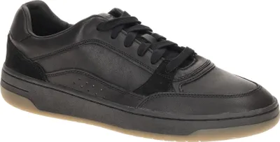 A black leather sneaker is shown against a white background.