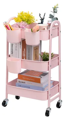 Image de Chariot de service en métal à roulettes, 3 étages, chariot de cuisine, chariot de bricolage, chariot de rangement pour le salon, la chambre, la salle de bains, le bureau, modèle rose avec 3 pots