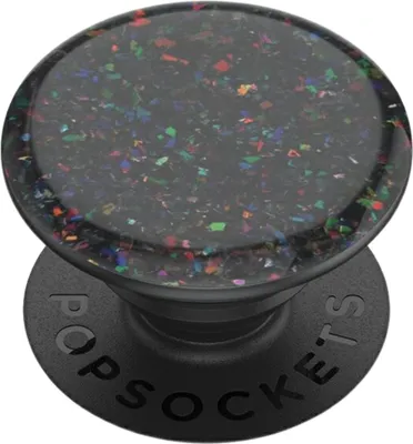 A black PopSocket with iridescent confetti-like pieces embedded in the top surface, shown against a white background.
