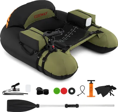 Obrázek produktu pro COSTWAY Belly boat, břišní člun s nastavitelným držákem rybářského prutu, stator s háčkem, čerpadlo, hliníkové pádlo a ploutve, rybářský člun pro dospělé