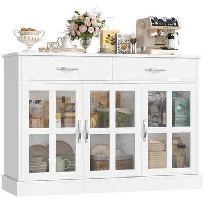 Immagine prodotto di Mobiletto da cucina, credenza con 3 ante in vetro e 2 cassetti, dimensioni 120x84x40 cm, finitura bianca effetto legno