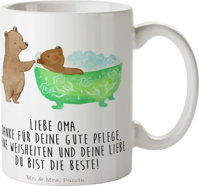 Produktbild von Mr. & Mrs. Panda Kaffeebecher Oma Baden - Weiß - Geschenk, Liebe, Bären, bedruckt, Familie, Kaffeetasse, Bedruckte Tasse, Kaffeepott, Badewanne, Teetasse, Vatertag