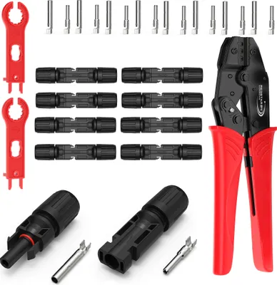 A set of solar connectors, crimping tools, and related accessories laid out on a white background.