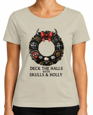 Produktbild von Deck The Halls With Skulls And Holly Gothic Metal Ritter Totenkopf Damen T-Shirt, Natur, S