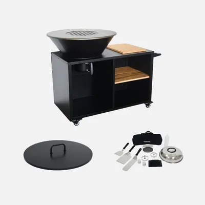 Immagine prodotto di Braciere barbecue su carrello con vano portaoggetti, coperchio e utensili, Ø80cm, Nero