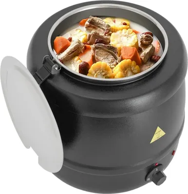 Produktbild von Suppentopf 10 l - Elektrischer Suppentopf / Suppenwärmer für Buffet & Catering - Herausnehmbarer Edelstahleinsatz - Klappdeckel - 35–80 °C - Schwarz