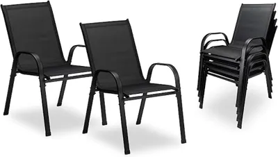 Produktbild von 2er Set Stapelstühle schwarz – Hochlehner Gartenstühle mit Armlehnen, stapelbare Terrassenstühle aus Textilene & pulverbeschichtetem Stahl