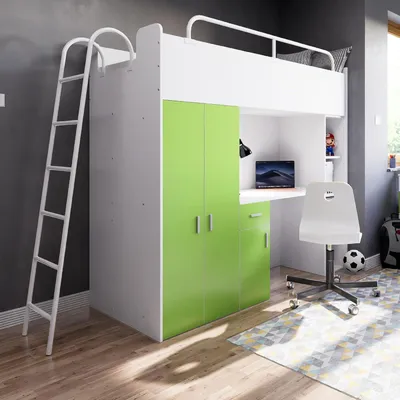 Produktbild von Marlux-Meble Hochbett Kinderbett JSM-4 80x190 mit Kleiderschrank Schreibtisch und Leiter Matt Kinderbetten Funktionsbett Etagenbett Stockbett Kinderhochbett Jugendhochbett (Limette Matt)
