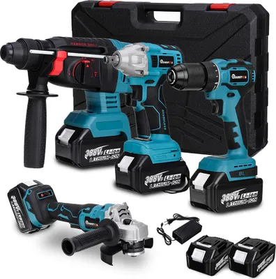 Produktbild von 4 IN 1 Multi Elektrowerkzeugsatz Bürstenlose 125mm Winkelschleifer + Bohrmaschine + Hammer, inkl. 2 Akkus