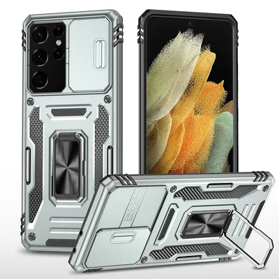 Obrázek produktu pro Pouzdro pro Samsung Galaxy S23 Ultra dvouvrstvou nárazuvzdornou ochranou kryt s posuvnou ochranou kamery, kroužkovým stojánkem Šedá
