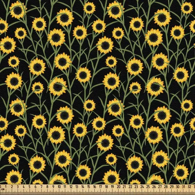 Produktbild von ABAKUHAUS Sommer Gewebe als Meterware, Blühende Sonnenblumen Garten Herbst-Jahreszeit blühen Blütenblätter Ernte Thema, 10 M (148 x 1000 cm), Erde Gelb und Schwarz