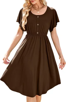 Produktbild von Midi-Kleid Damen mit Taschen Sommerkleid Kurzarm Braun Gr. L Luftig Stilvoll