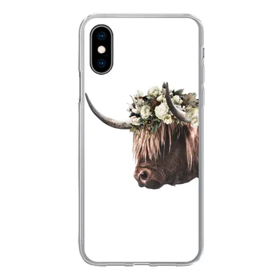 Produktbild von MuchoWow® Handyhülle Schutzhülle Hülle für iPhone X Schottischer Highlander - Kuh - Rosen Silikon Softcase Handy Hülle - Handyhülle