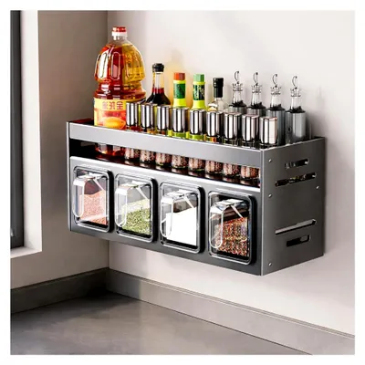 Produktbild von Stehendes und Wand-Gewürzregal mit Gewürzdosen, Küchen-Organizer mit 4 Glasgewürzgläsern und 4 Gewürzboxen
