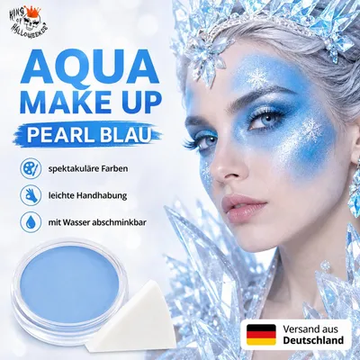 Produktbild von Premium Aquaschminke Pearl Iceblue 14 g mit passendem Schminkschwamm – wasseraktivierbare Gesichtsfarbe mit hoher Deckkraft für Halloween Make-up, Karneval, Fasching, Cosplay, Theater, Bühne, Gothic Look, Totenkopf, Skelett, Zombie, Hexe, Vampir, Teufel,