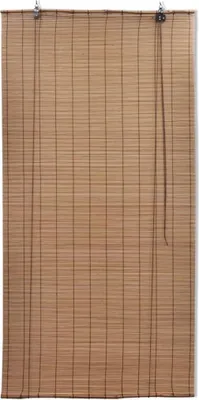 A brown bamboo blind hanging vertically.