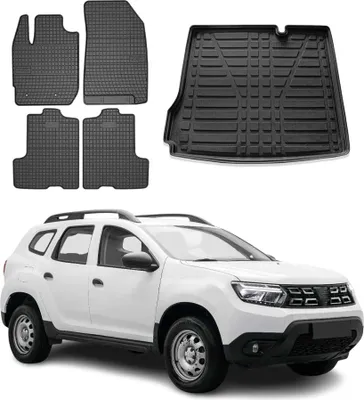 Image de Kit de tapis de sol et de bac de coffre en caoutchouc noir TPE, compatible avec Dacia Duster de 2017 à 2024 (5 pièces)