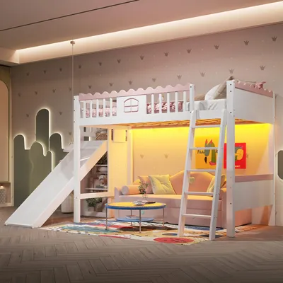Produktbild von MODFU  Hochbett,Kinderbett,90x200cm, Jugendbett  mit LED-Leuchten, mit Regalen, mit Rutsche,Kiefernholz(Ohne Matratze), Weiß