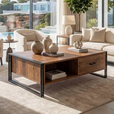 Produktbild von Couchtisch HWC-A27, Beistelltisch Wohnzimmertisch, 41x120x60cm 3D-Struktur, Metall MDF Wildeiche-Optik